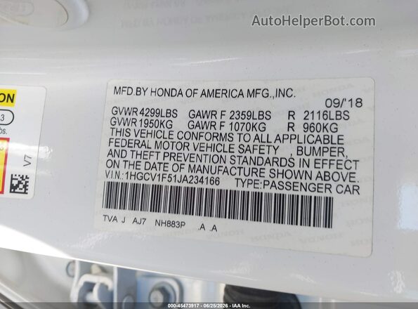 1HGCV1F51JA234166 2018 HONDA ACCORD White Vista del compartimento del motor