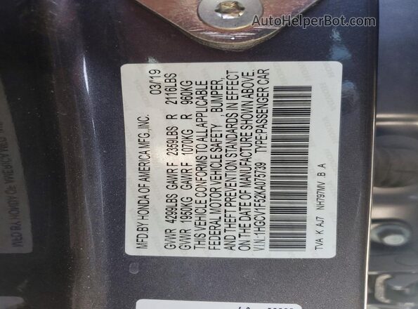 1HGCV1F52KA075739 2019 HONDA ACCORD Charcoal VIN კოდის სტიკერის ხედი