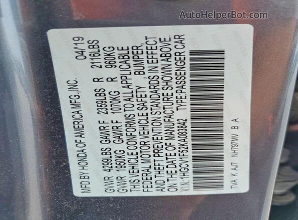 1HGCV1F52KA083842 2019 HONDA ACCORD Gray 