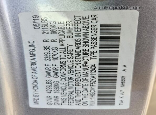 1HGCV1F52KA112434 2019 HONDA ACCORD Silver Engine compartment view