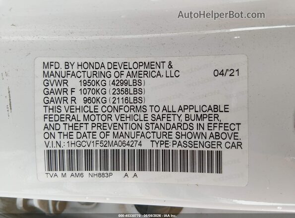 1HGCV1F52MA064274 2021 HONDA ACCORD Белый Вид подкапотного пространства