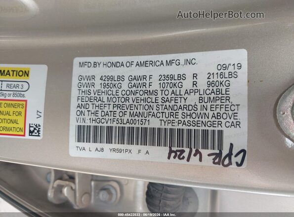 1HGCV1F53LA001571 2020 HONDA ACCORD Желто-коричневый Вид подкапотного пространства
