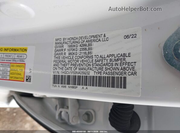 1HGCV1F53NA059232 2022 HONDA ACCORD White ძრავის განყოფილების ხედი