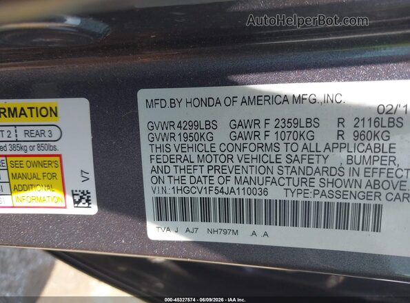 1HGCV1F54JA110036 2018 HONDA ACCORD Gray Widok komory silnika