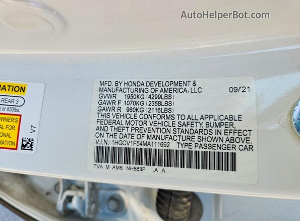 1HGCV1F54MA111692 2021 HONDA ACCORD Белый 