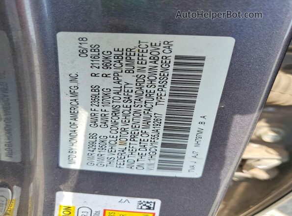 1HGCV1F55JA192617 2018 HONDA ACCORD Gray Vista del compartimento del motor