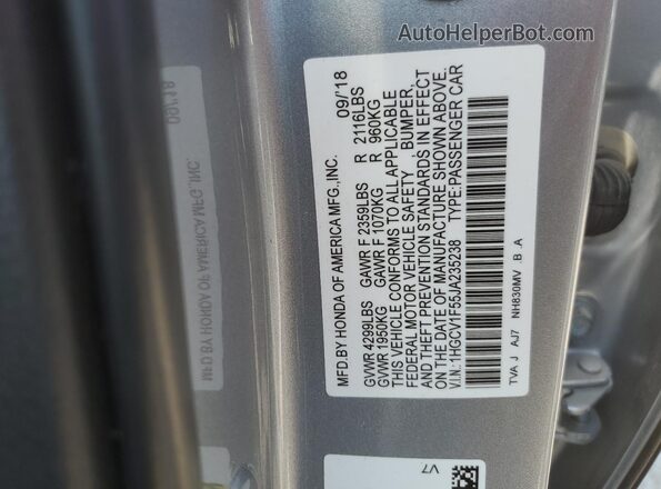 1HGCV1F55JA235238 2018 HONDA ACCORD Silver 