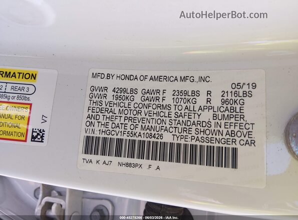 1HGCV1F55KA108426 2019 HONDA ACCORD White 