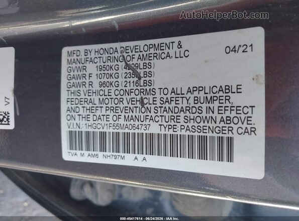 1HGCV1F55MA064737 2021 HONDA ACCORD Gray ძრავის განყოფილების ხედი
