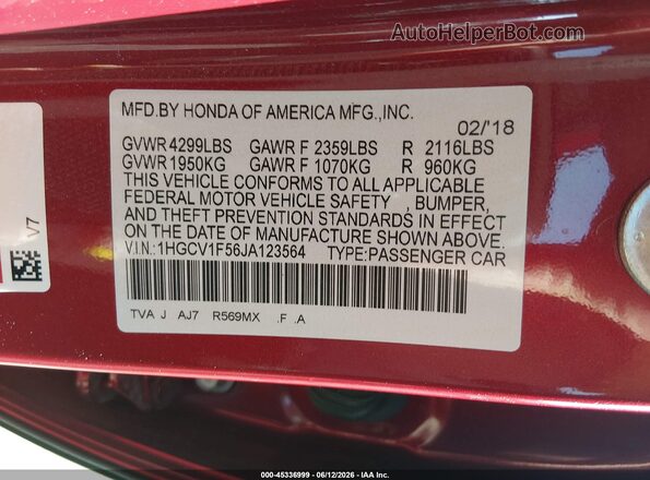 1HGCV1F56JA123564 2018 HONDA ACCORD Красный 