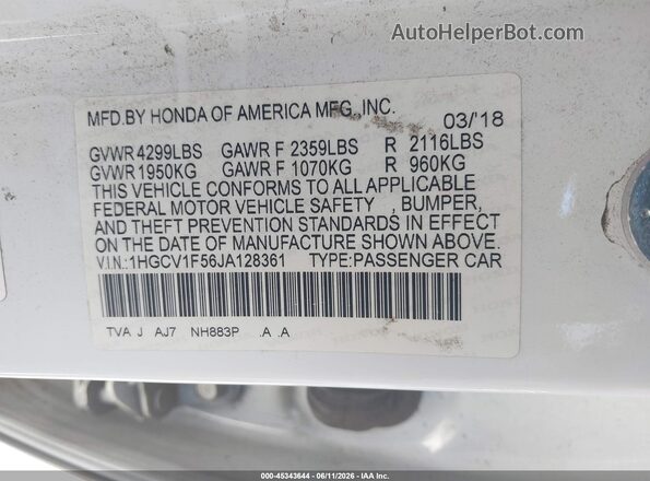 1HGCV1F56JA128361 2018 HONDA ACCORD White 