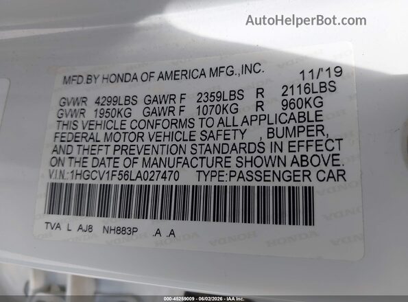 1HGCV1F56LA027470 2020 HONDA ACCORD White Вид підкапотного простору