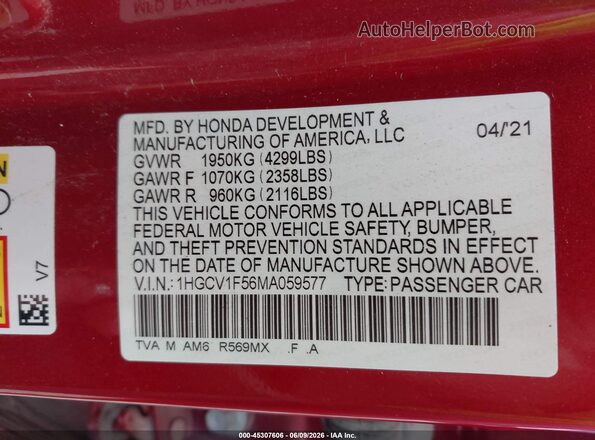 1HGCV1F56MA059577 2021 HONDA ACCORD Red Engine compartment view