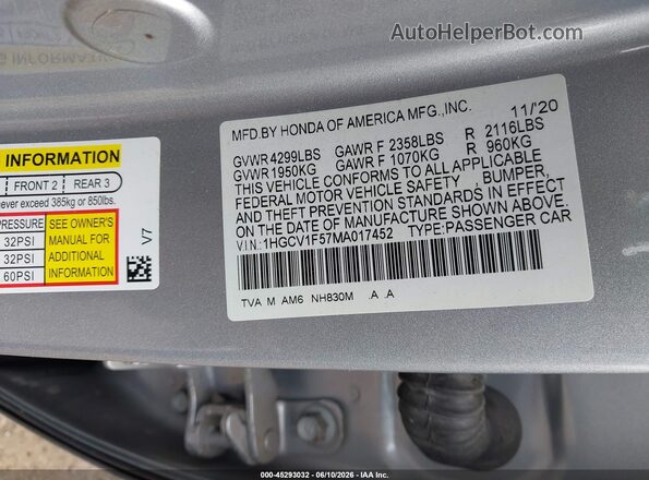 1HGCV1F57MA017452 2021 HONDA ACCORD Silver Vista del compartimento del motor