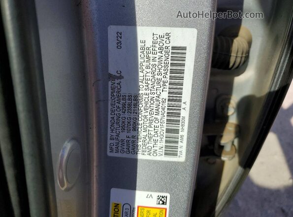 1HGCV1F57NA040182 2022 HONDA ACCORD Silver Вид підкапотного простору