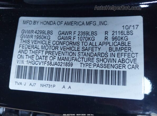 1HGCV1F58JA021859 2018 HONDA ACCORD Black 