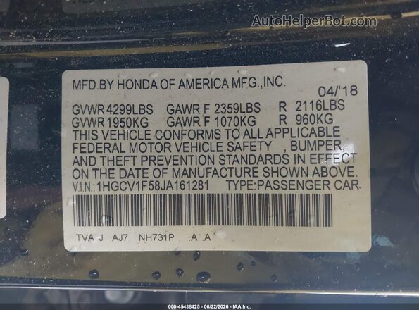 1HGCV1F58JA161281 2018 HONDA ACCORD Black Engine compartment view