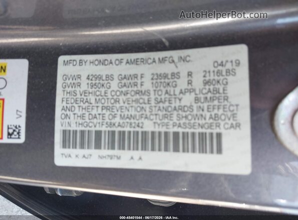 1HGCV1F58KA078242 2019 HONDA ACCORD Gray Widok komory silnika
