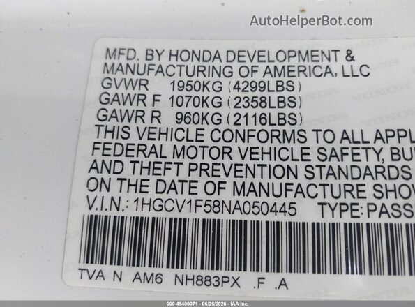 1HGCV1F58NA050445 2022 HONDA ACCORD White ძრავის განყოფილების ხედი