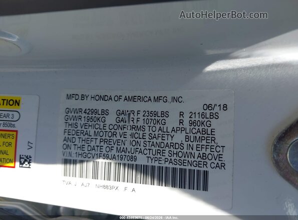 1HGCV1F59JA197089 2018 HONDA ACCORD White Engine compartment view