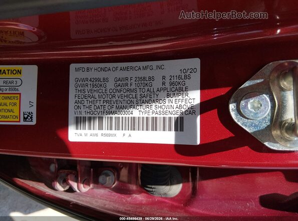 1HGCV1F59MA003004 2021 HONDA ACCORD Red Շարժիչի բաժամունքի տեսք