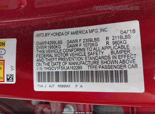 1HGCV1F5XJA162285 2018 HONDA ACCORD Red Вид підкапотного простору