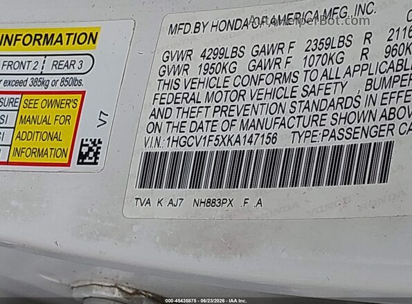1HGCV1F5XKA147156 2019 HONDA ACCORD White Engine compartment view