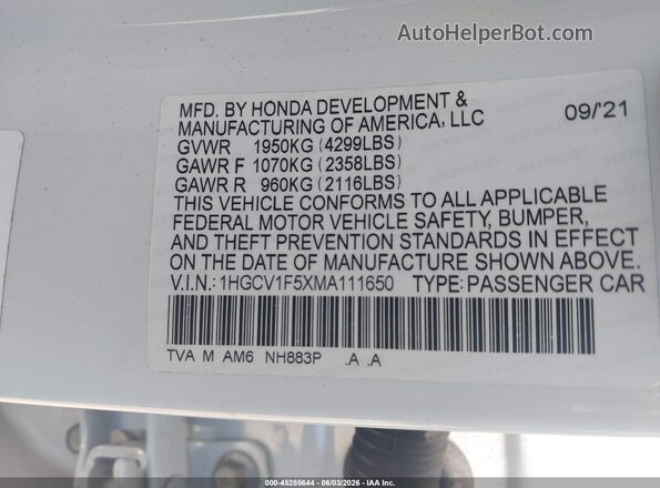 1HGCV1F5XMA111650 2021 HONDA ACCORD White Շարժիչի բաժամունքի տեսք