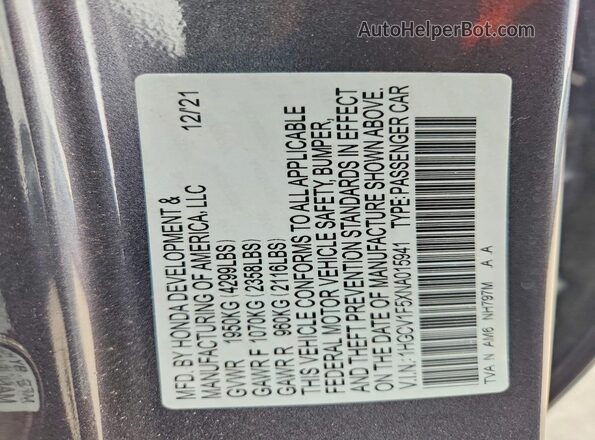 1HGCV1F5XNA015941 2022 HONDA ACCORD Gray 
