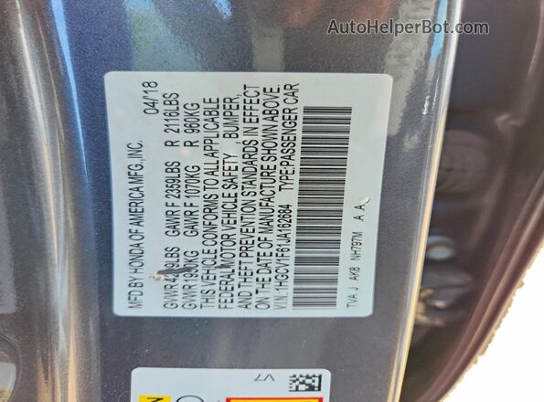 1HGCV1F61JA162684 2018 HONDA ACCORD Gray Շարժիչի բաժամունքի տեսք