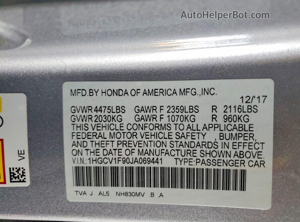 1HGCV1F90JA069441 2018 HONDA ACCORD Silver Vista de la etiqueta del VIN