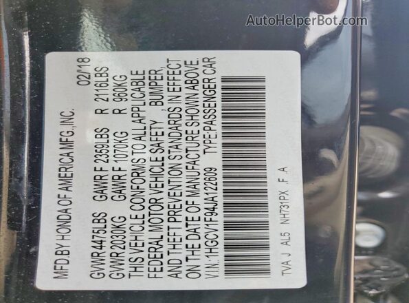 1HGCV1F94JA122609 2018 HONDA ACCORD Black Vista de la etiqueta del VIN