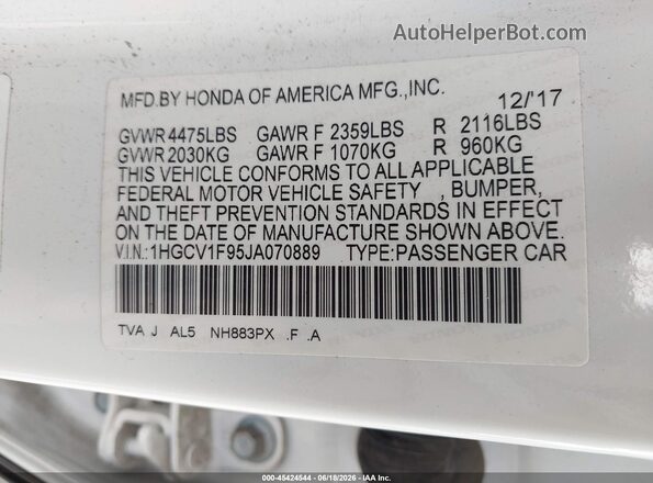 1HGCV1F95JA070889 2018 HONDA ACCORD White Շարժիչի բաժամունքի տեսք