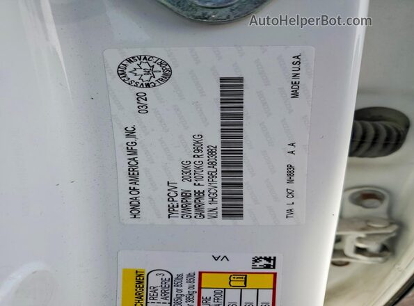 1HGCV1F95LA803882 2020 HONDA ACCORD White VIN კოდის სტიკერის ხედი