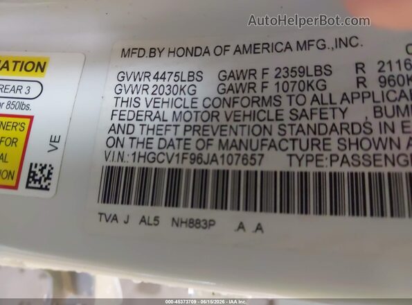 1HGCV1F96JA107657 2018 HONDA ACCORD White Engine compartment view