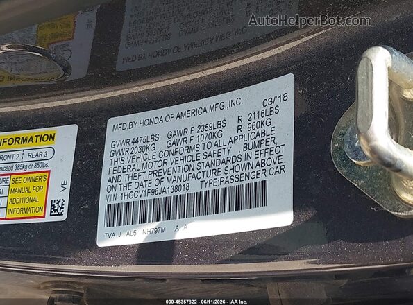 1HGCV1F96JA138018 2018 HONDA ACCORD Gray Engine compartment view