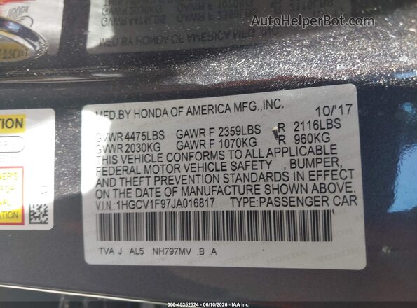 1HGCV1F97JA016817 2018 HONDA ACCORD Gray Vista del compartimento del motor