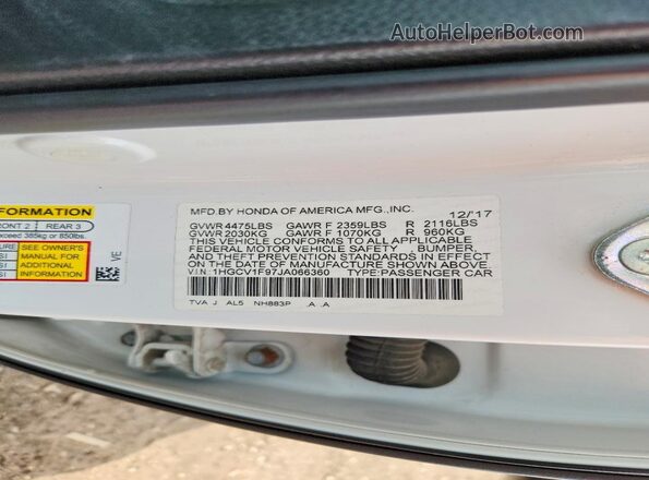 1HGCV1F97JA066360 2018 HONDA ACCORD White Вид підкапотного простору