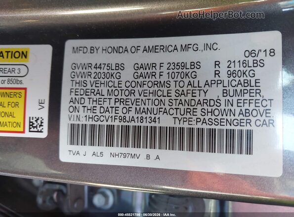 1HGCV1F98JA181341 2018 HONDA ACCORD Gray ძრავის განყოფილების ხედი