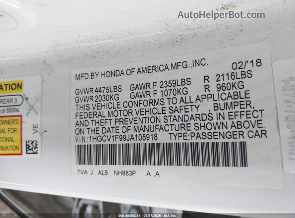 1HGCV1F99JA105918 2018 HONDA ACCORD White Widok komory silnika