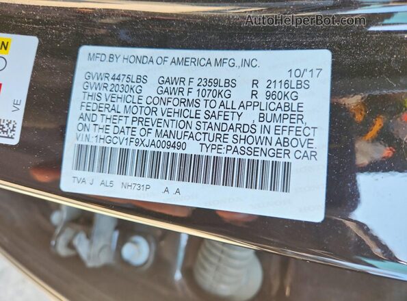 1HGCV1F9XJA009490 2018 HONDA ACCORD Black 