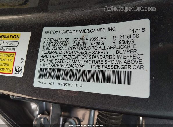 1HGCV1F9XJA078891 2018 HONDA ACCORD Gray ძრავის განყოფილების ხედი