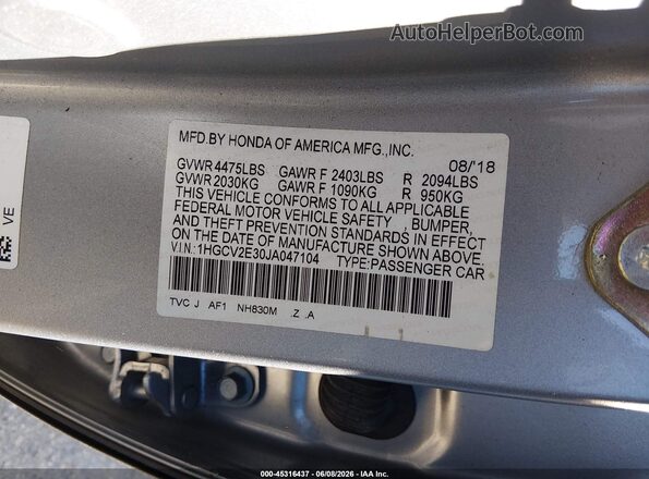 1HGCV2E30JA047104 2018 HONDA ACCORD Silver ძრავის განყოფილების ხედი