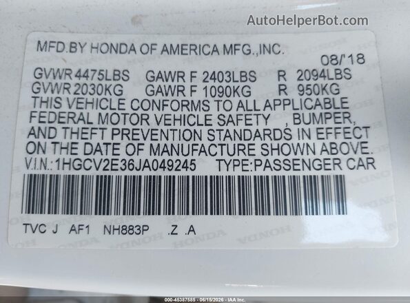 1HGCV2E36JA049245 2018 HONDA ACCORD Silver ძრავის განყოფილების ხედი
