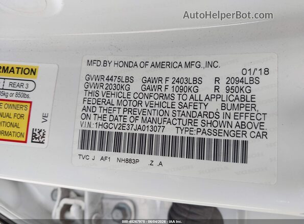 1HGCV2E37JA013077 2018 HONDA ACCORD White Շարժիչի բաժամունքի տեսք