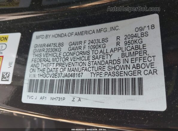 1HGCV2E37JA048167 2018 HONDA ACCORD Черный Вид задних сидений