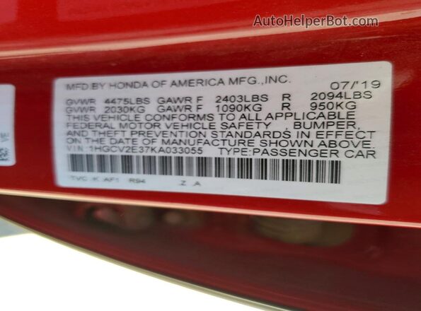 1HGCV2E37KA033055 2019 HONDA ACCORD Красный Вид наклейки с VIN-кодом
