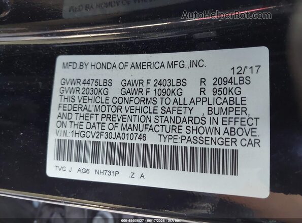 1HGCV2F30JA010746 2018 HONDA ACCORD Black Engine compartment view