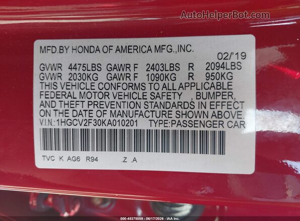 1HGCV2F30KA010201 2019 HONDA ACCORD Maroon Widok komory silnika