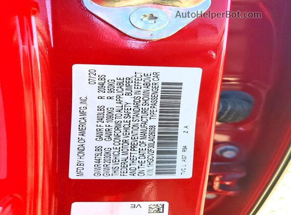 1HGCV2F30LA026058 2020 HONDA ACCORD Red Շարժիչի բաժամունքի տեսք